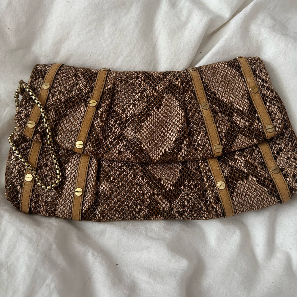 Jessica Simpson Snake Skin With Leather Clutch Chain Wrist Strap Gold Stud NWOT